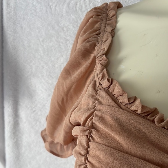 Ruched Crop Top Sheer Puff Sleeve‎ Ruffle Trim Tie Front Blouse - Picture 3 of 6